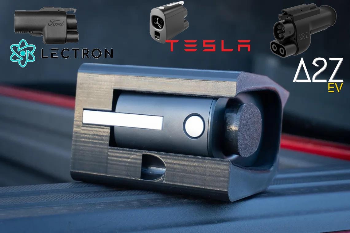 Tesla NACS Adapter in Dock with Product Variant Logos Above
